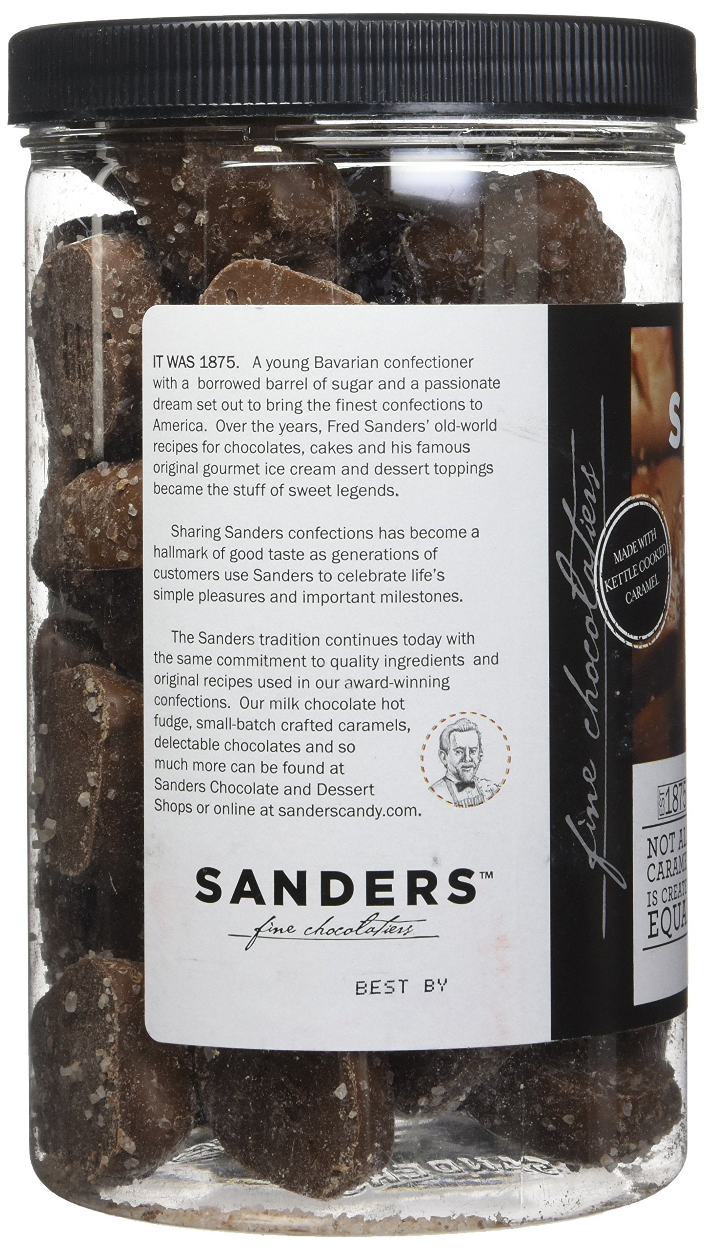 Sanders Milk Chocolate with Sea Salt jar close-up, highlighting smooth texture.