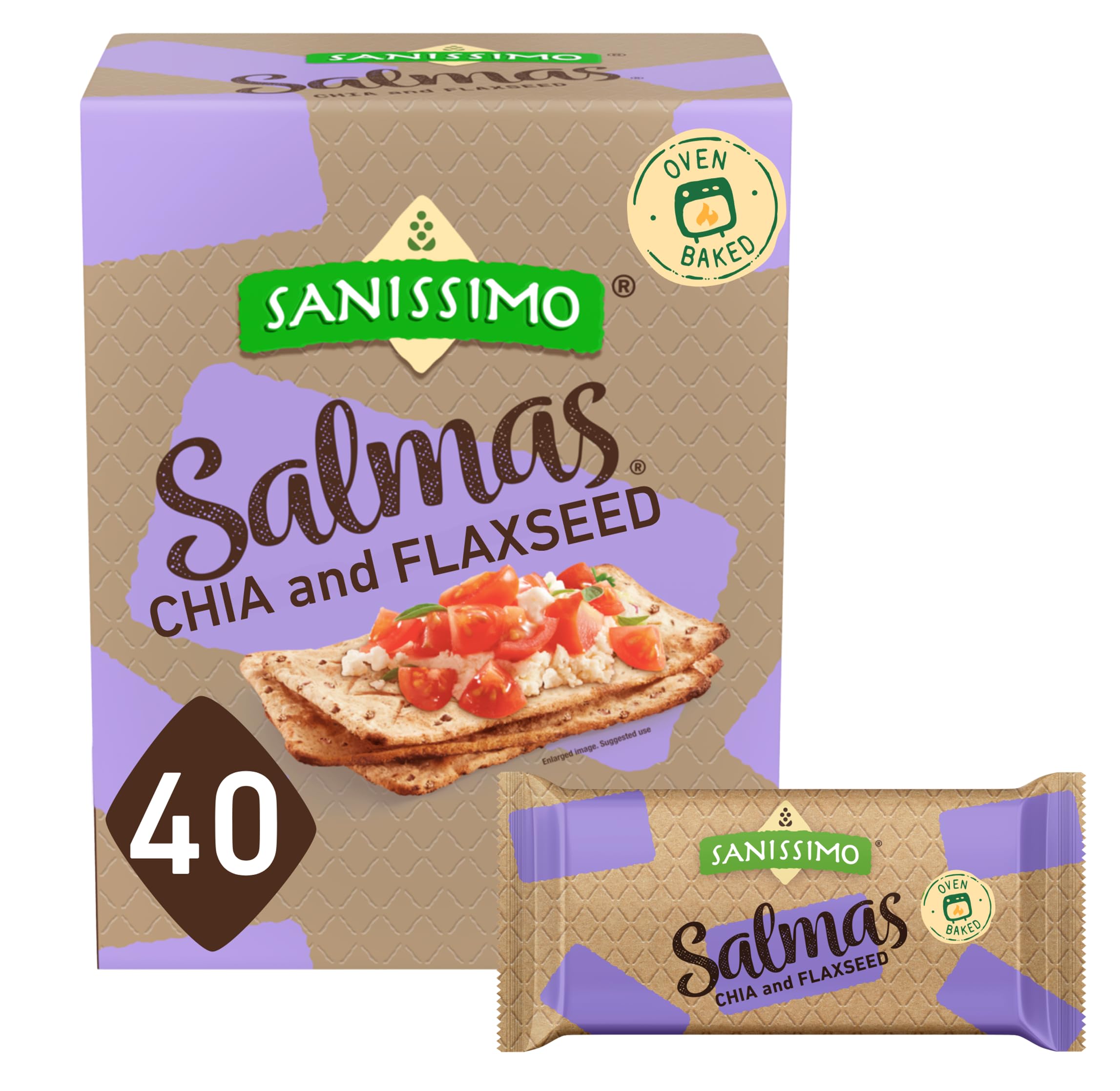 Sanissimo Salmas chia and flaxseed crackers pack close-up showing crisp, gluten-free crunch.