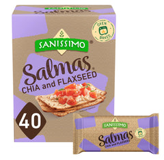 Sanissimo Salmas chia and flaxseed crackers pack close-up showing crisp, gluten-free crunch.