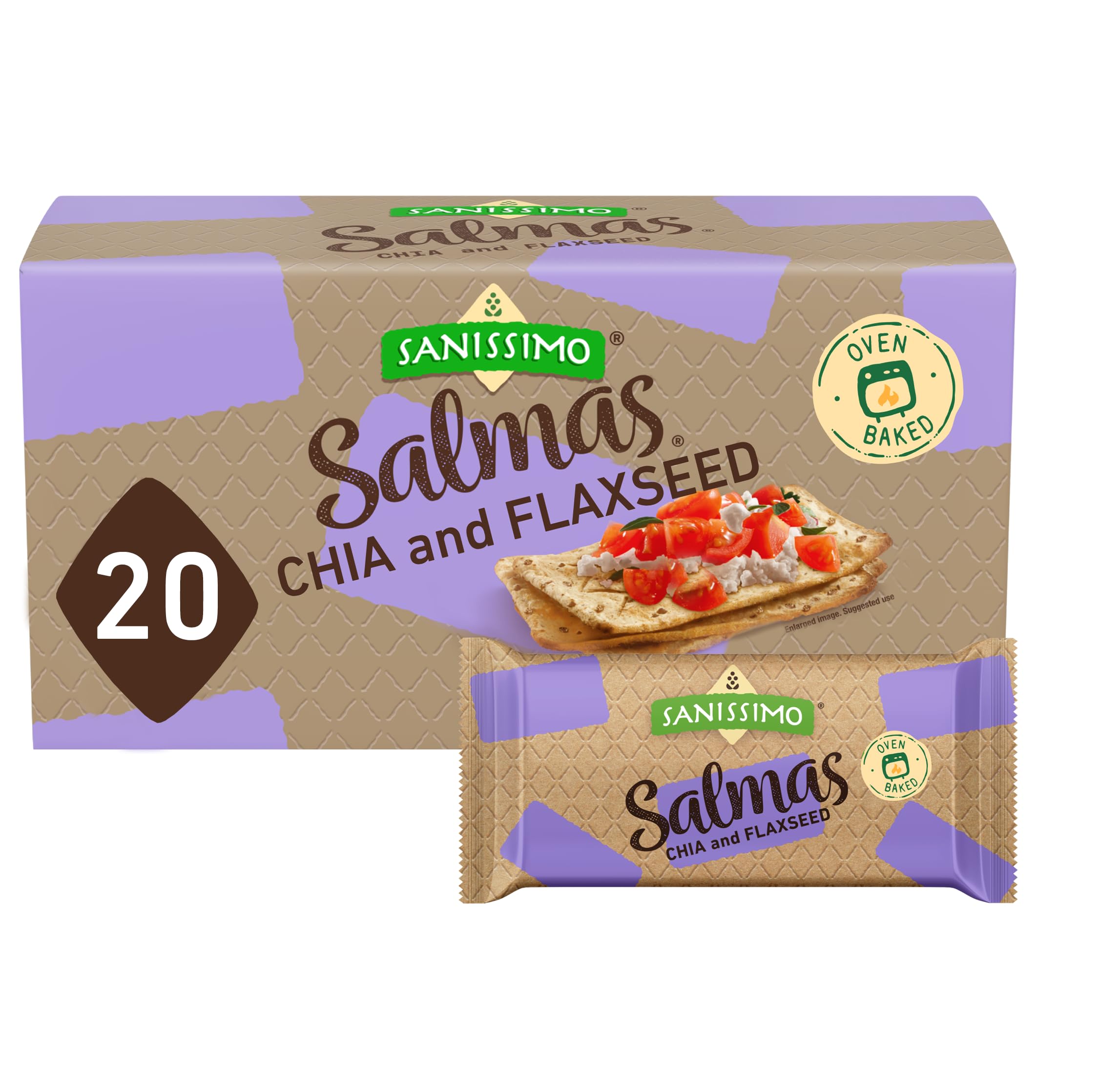Sanissimo Salmas chia flaxseed crackers pack showcasing convenient twenty-pack box
