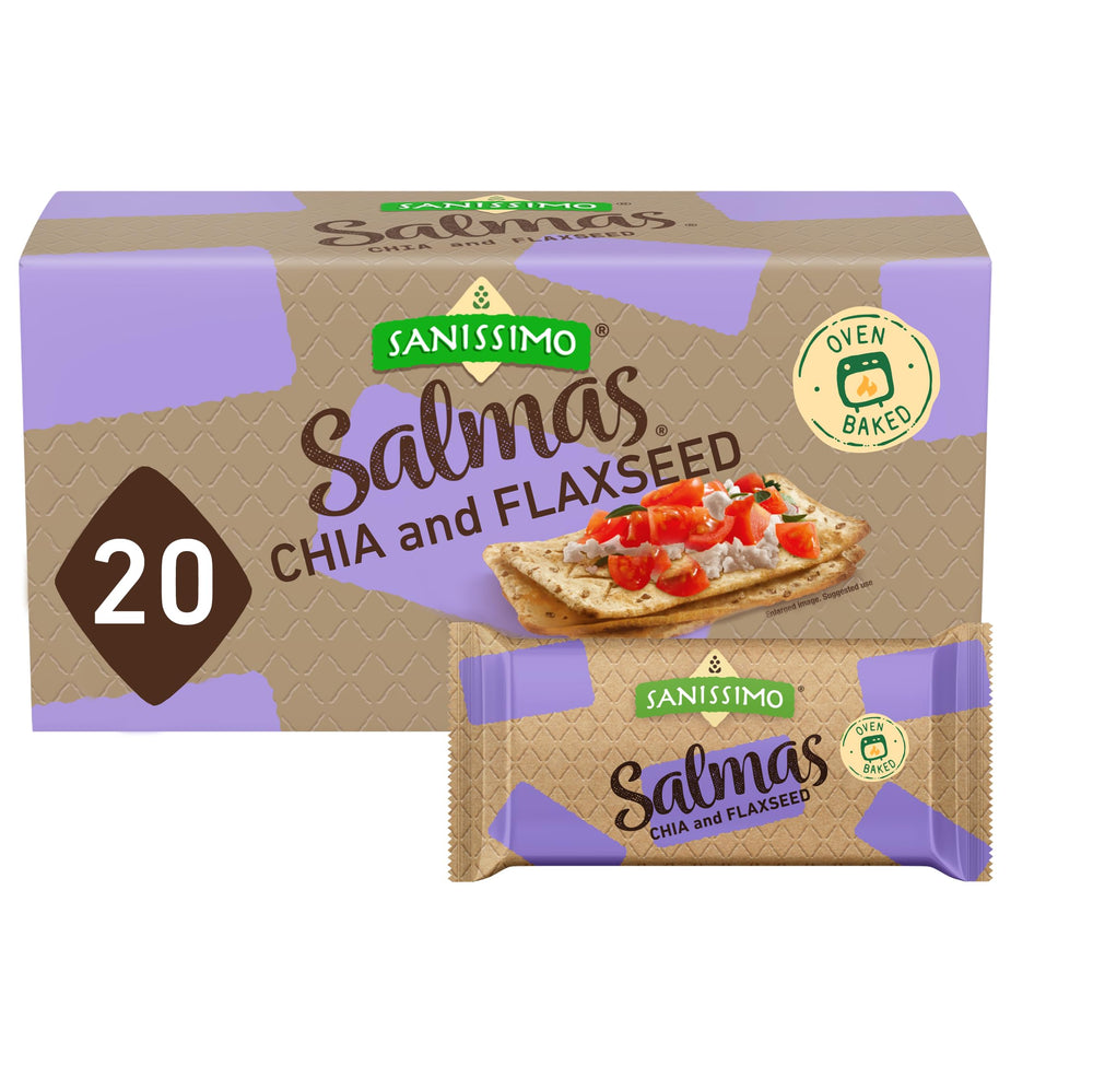 Sanissimo Salmas chia flaxseed crackers pack showcasing convenient twenty-pack box