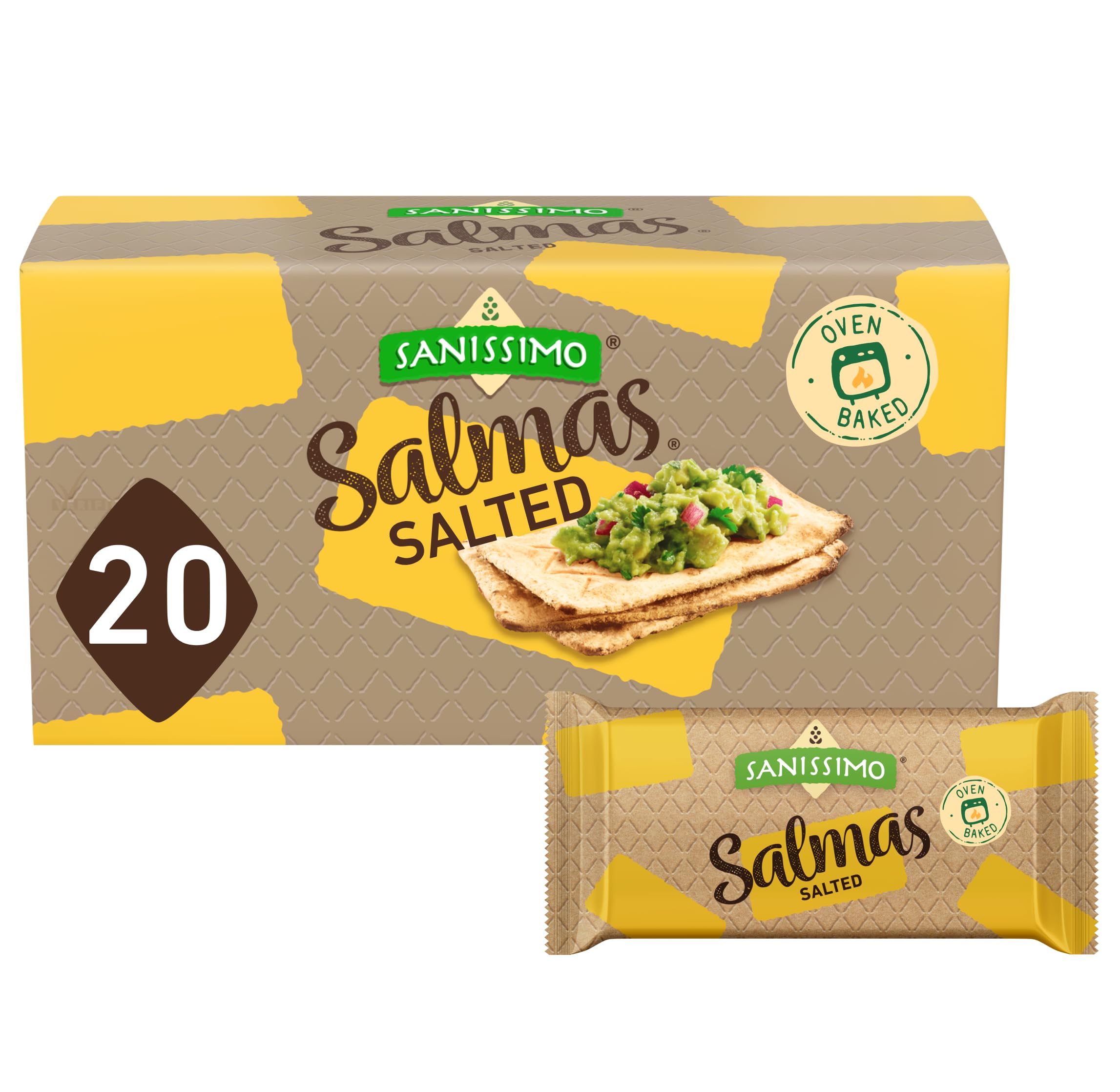 Sanissimo Salmas Salted Crackers pack shot showing the 20-pack display for quick snacking
