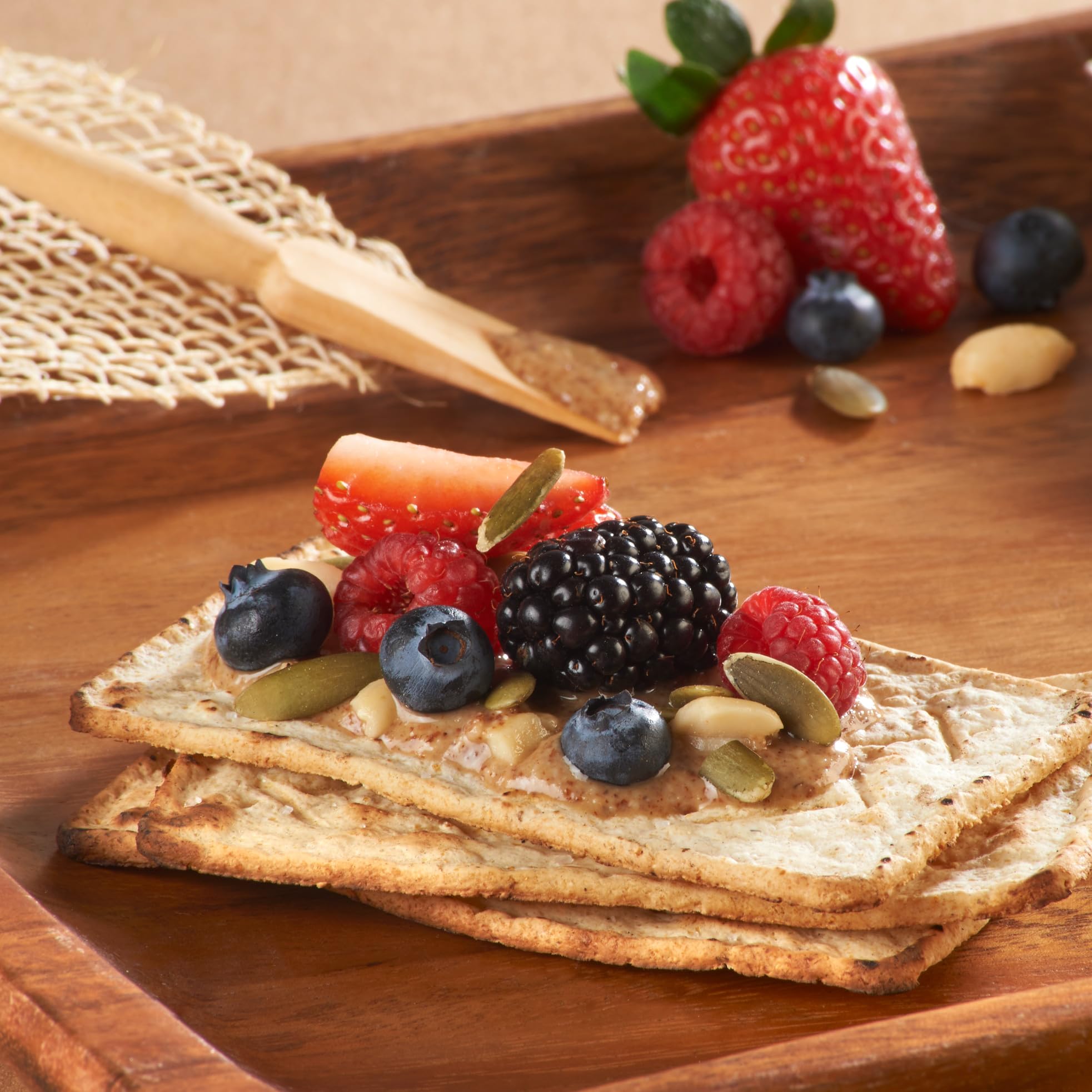 Sanissimo Salmas whole grain corn crackers—rich flavor, light texture, perfect with guacamole or hummus.