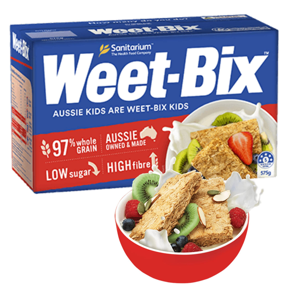 Sanitarium Weet-Bix 575g pack highlighting 97% wholegrain for lasting energy.