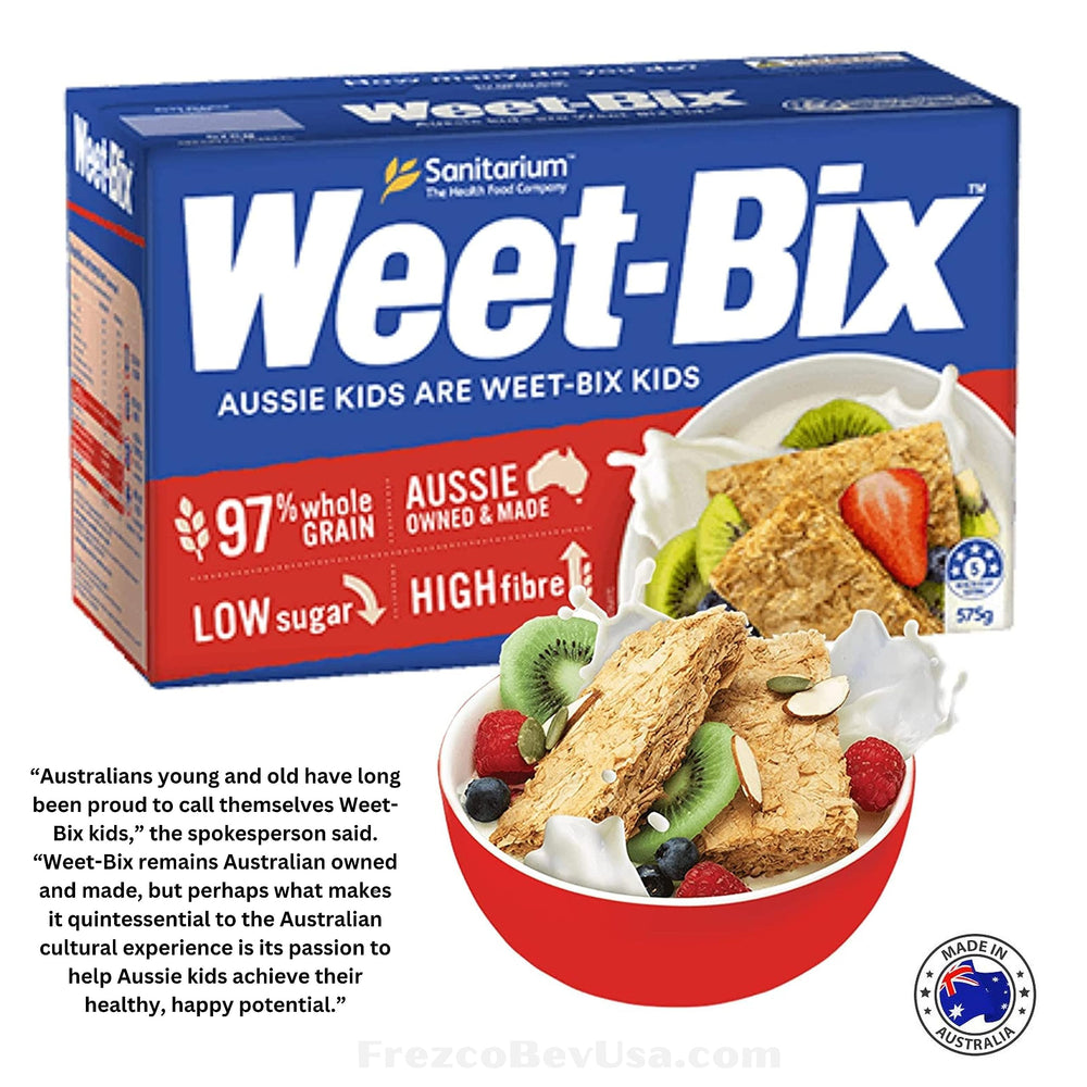 Front-facing Sanitarium Weet-Bix pack on kitchen shelf.