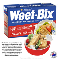 Front-facing Sanitarium Weet-Bix pack on kitchen shelf.