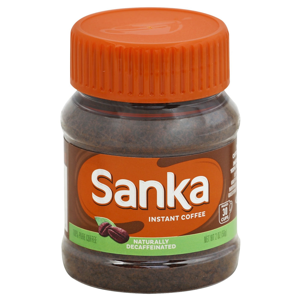 Sanka instant coffee 2-ounce jar with easy-to-open cap preserves freshness for busy mornings