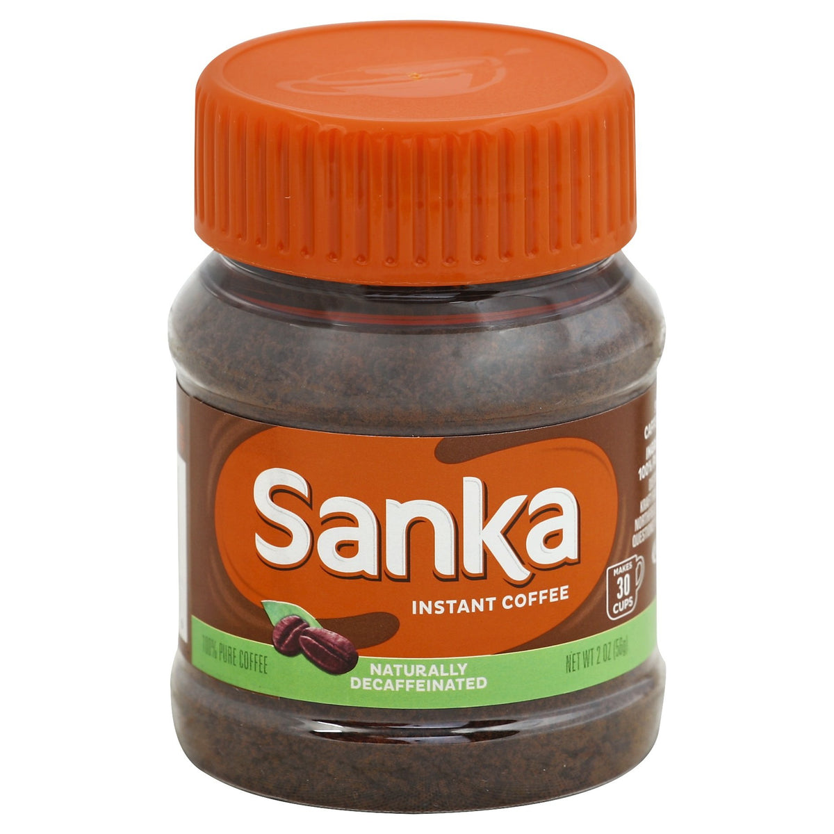 Sanka instant coffee 2-ounce jar with easy-to-open cap preserves freshness for busy mornings