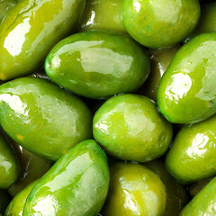 Sanniti Bella di Cerignola olives close-up, showing plump, buttery texture.