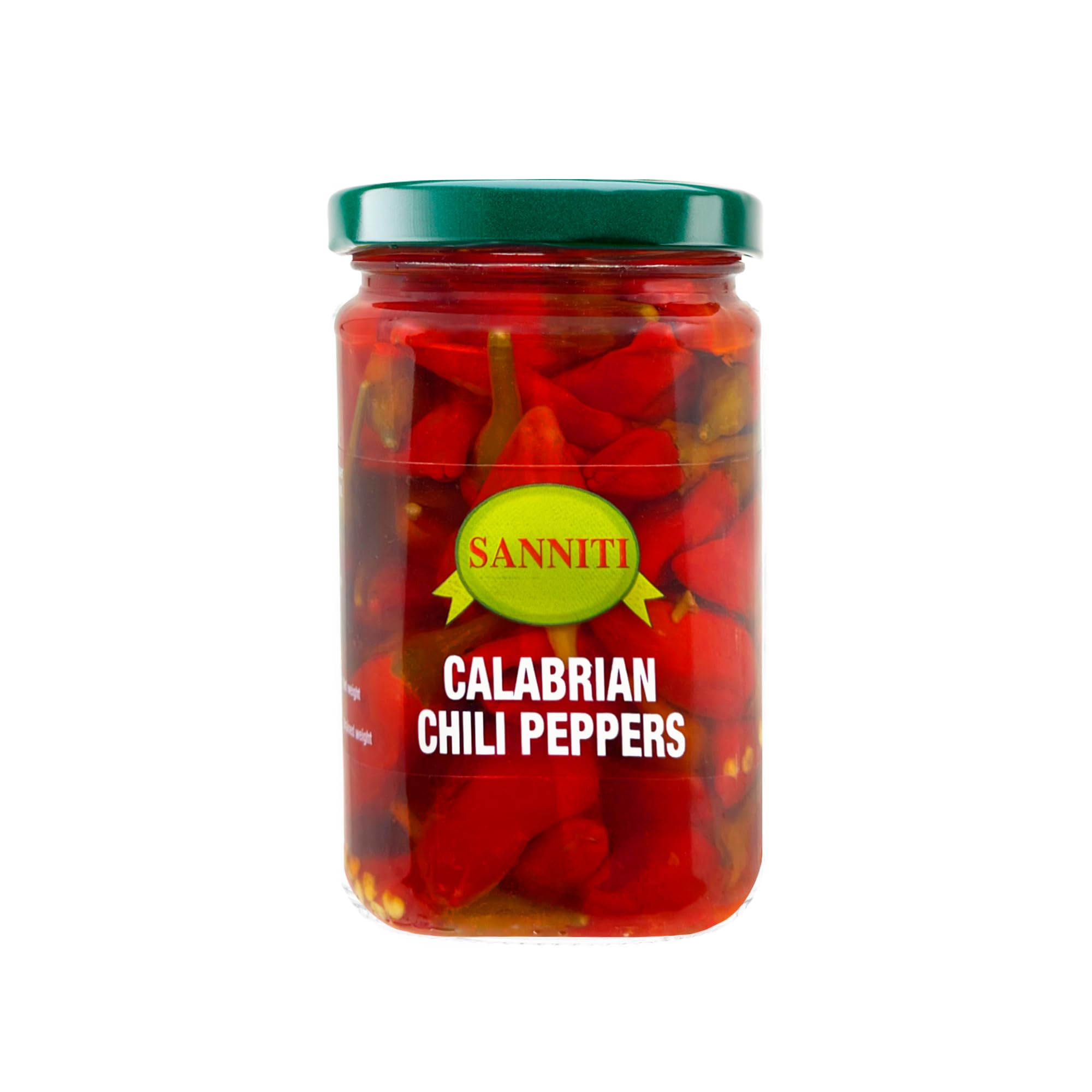 Sanniti Calabrian chili peppers jar front, premium Italian heat ready to elevate meals