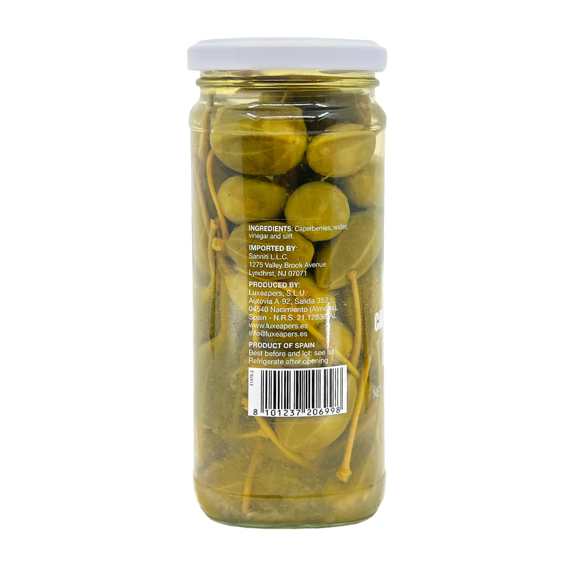 Sanniti caperberries in brine shown, perfect salad and seafood garnish.