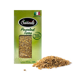 Sanniti farro used in soups shows nutty, hearty texture.