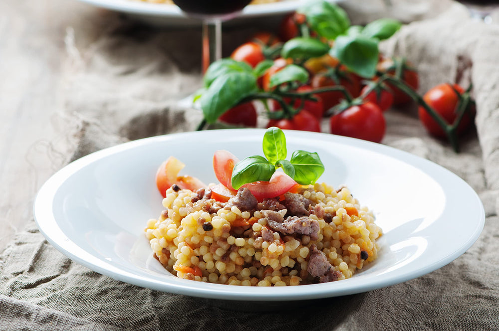 Sanniti fregola sarda ready to serve with sauce or garnish