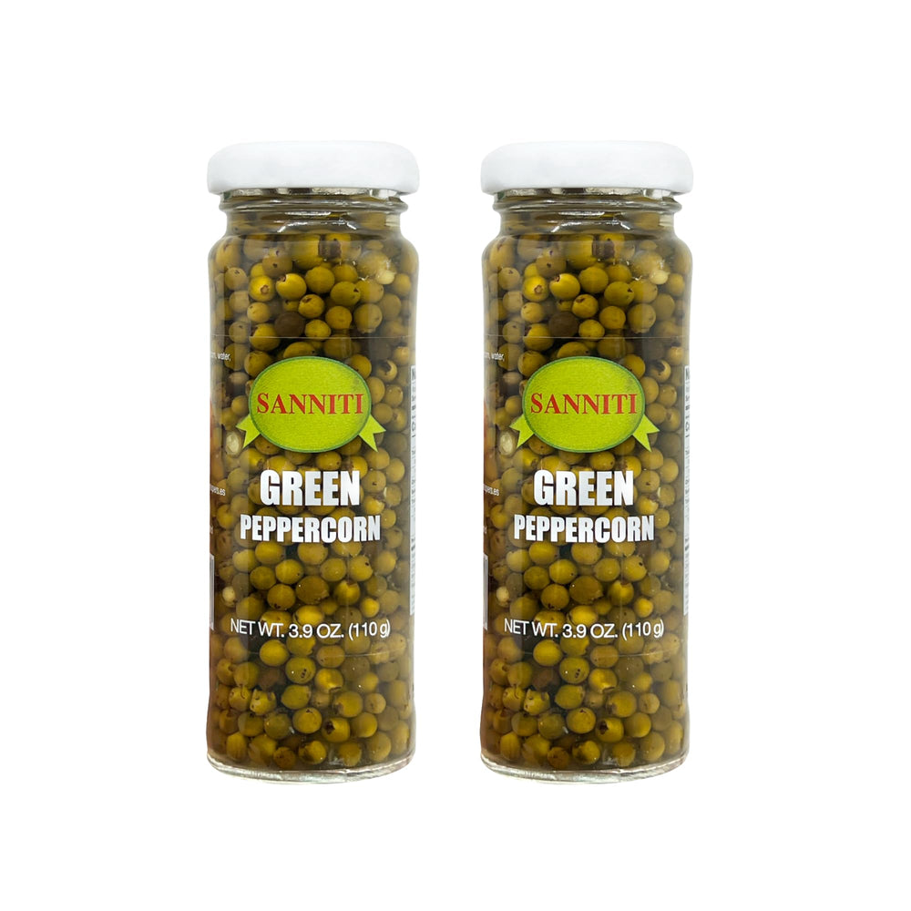 Sanniti Green Peppercorns in Brine jar front, vibrant berries for sauces