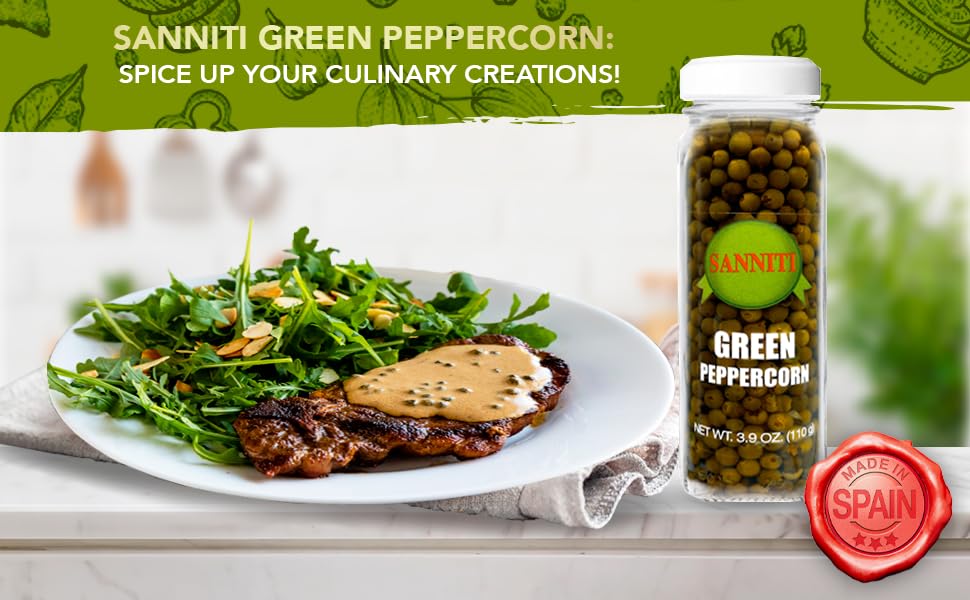 Sanniti Green Peppercorns in Brine jar open, brine visible for flavor notes