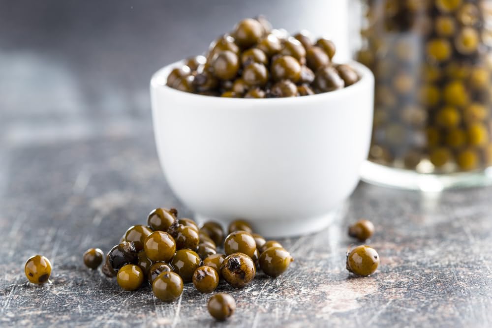 Sanniti Green Peppercorns in Brine kitchen scene, pantry staple