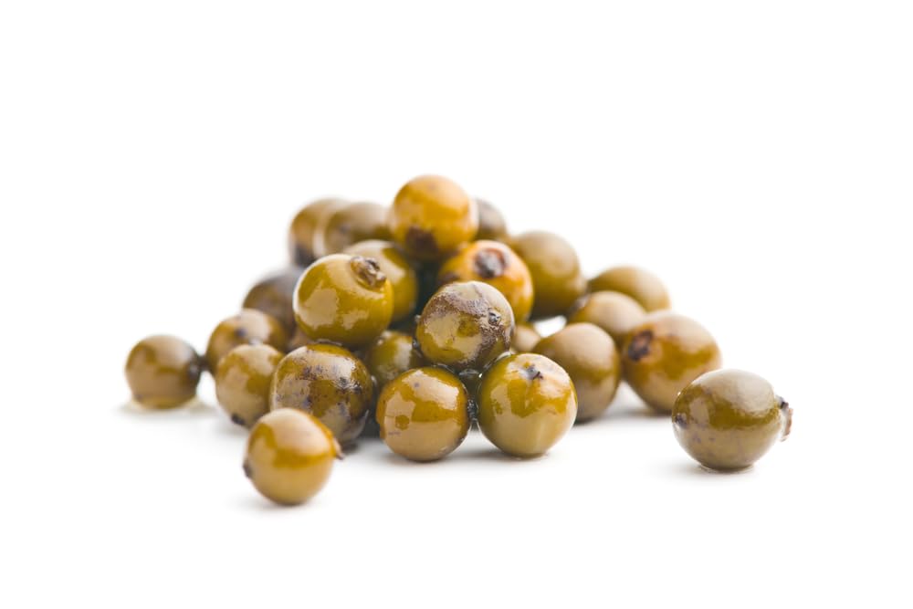 Sanniti Green Peppercorns in Brine label, Spain-imported quality for authentic flavor