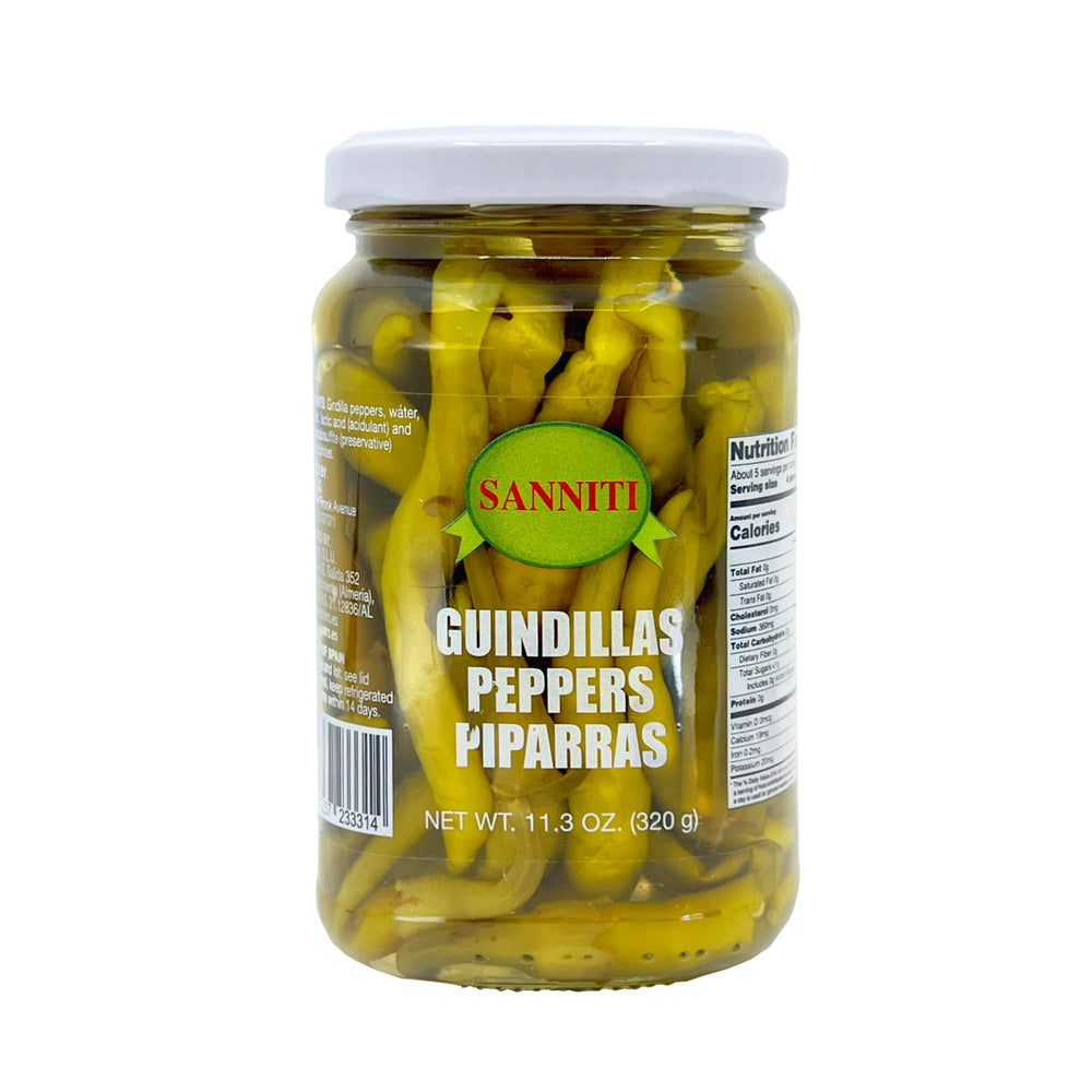 Sanniti Guindillas Piparras peppers packaging closeup, premium quality for tapas.