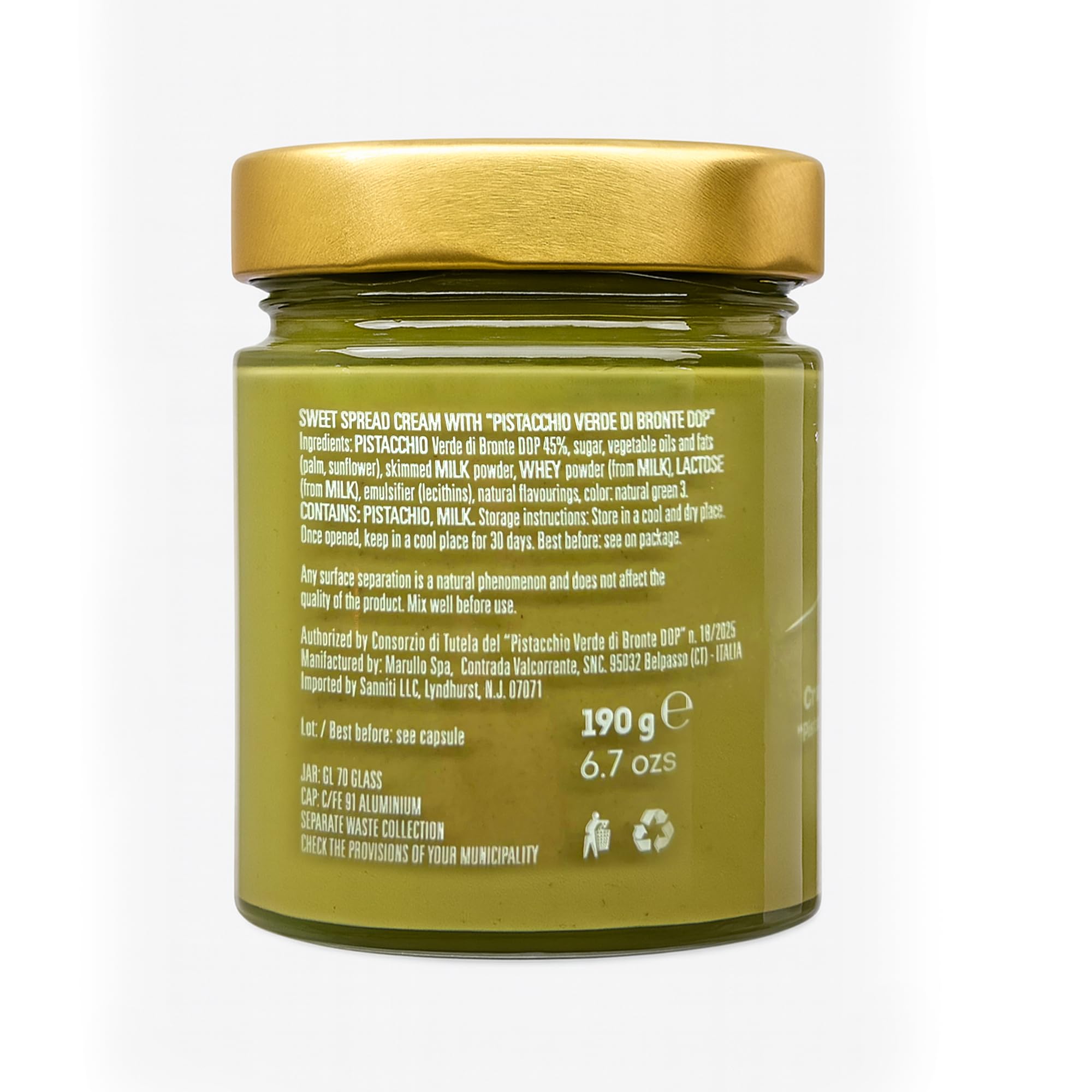 Sanniti Marullo Bronte pistachio spread bottle for gourmet toppings