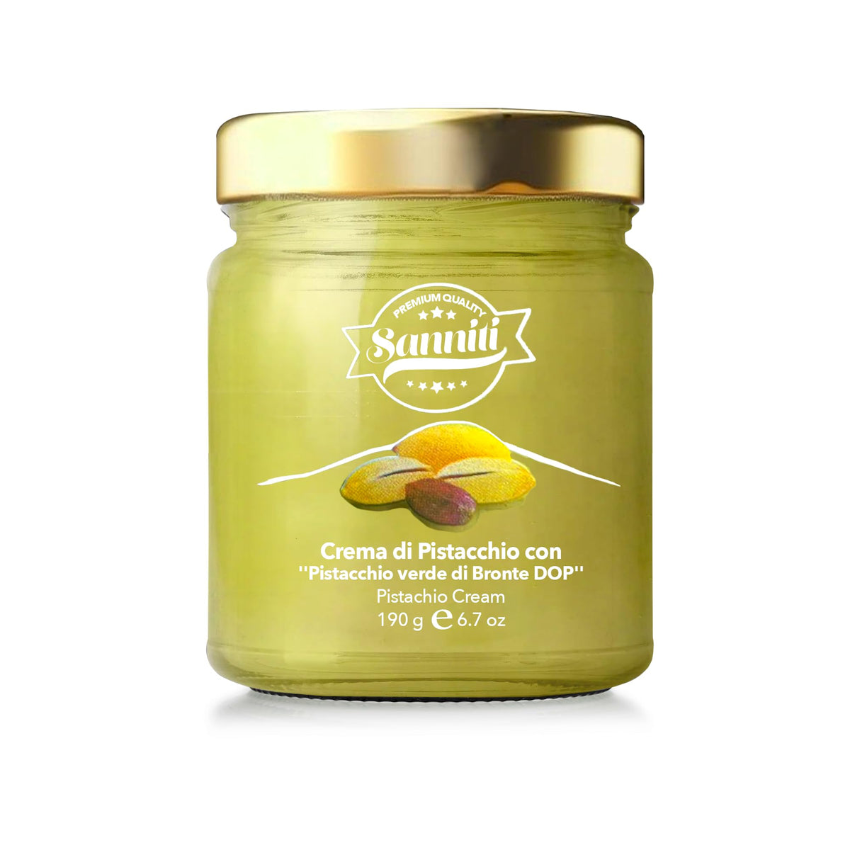 Sanniti Marullo pistachio spread jar with Bronte pistachios, perfect on toast