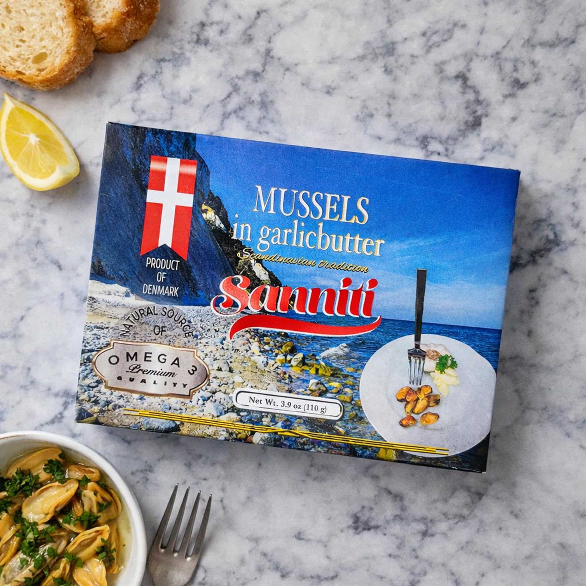 Sanniti mussels garlic butter from Denmark, premium Nordic seafood flavor