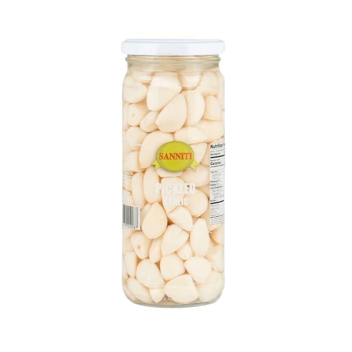 Sanniti pickled garlic jar adds tangy aroma to salads.