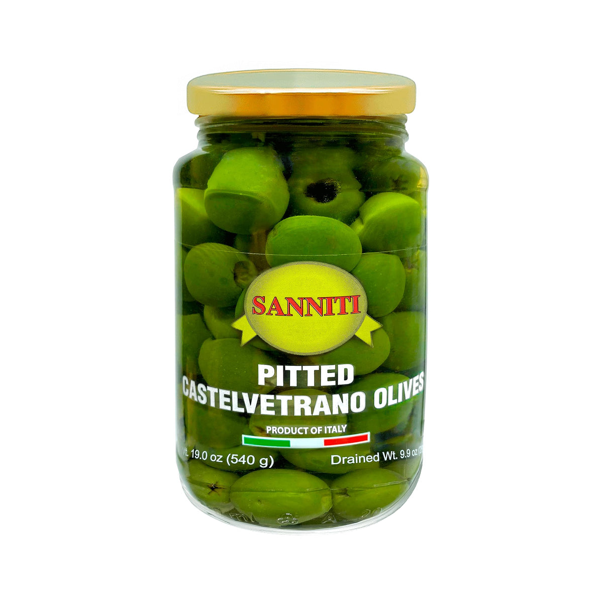 Sanniti pitted Castelvetrano olives in a jar for convenient snacking
