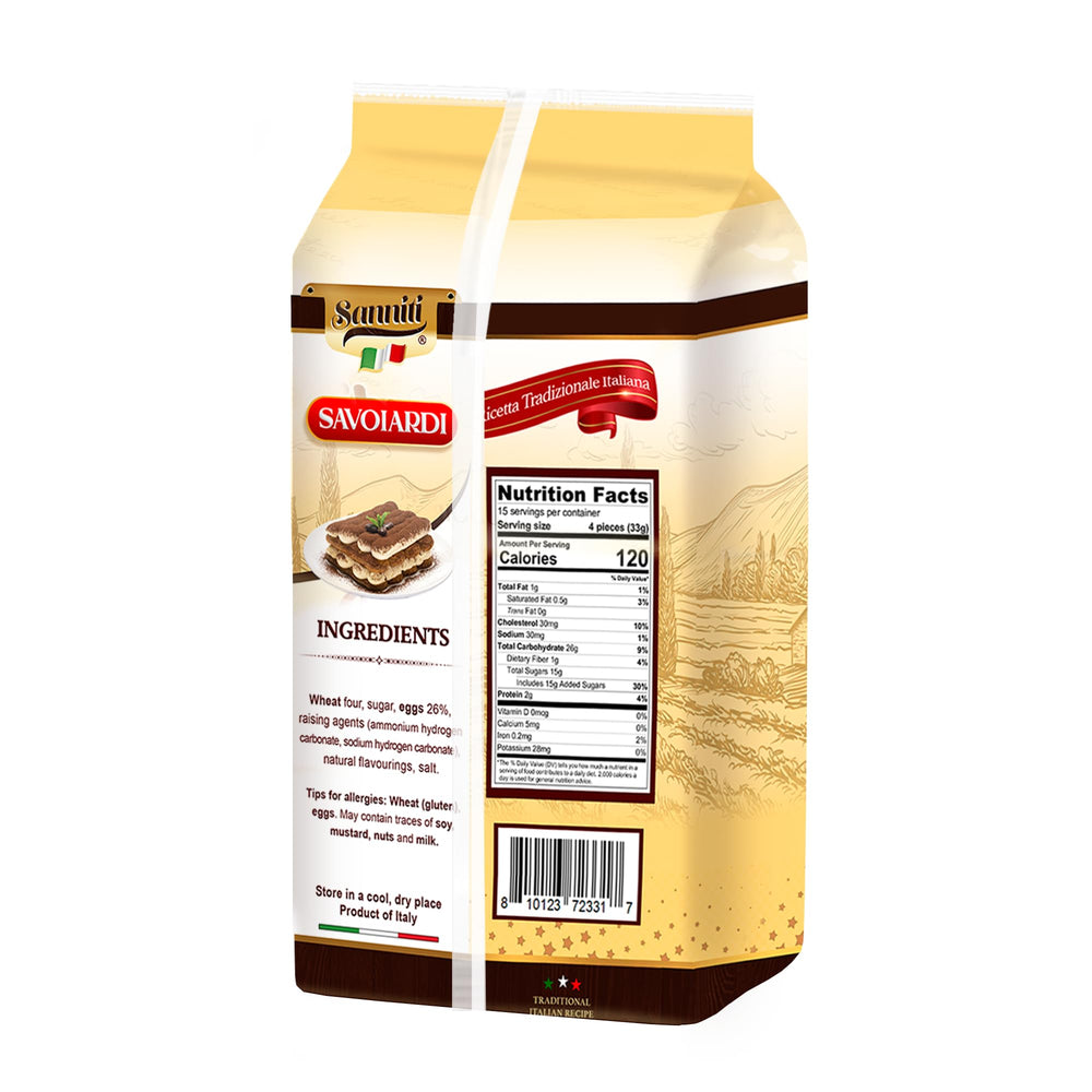 Sanniti Savoiardi ladyfingers stacked neatly, showcasing light texture for desserts.