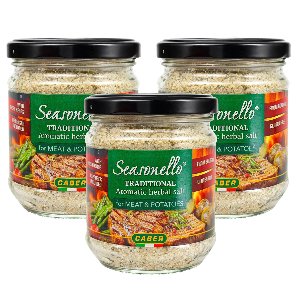 Sanniti Seasonello aromatic herbal salt on a kitchen counter highlighting the herbal blend.