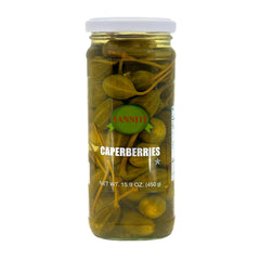 Sanniti Spanish caperberries jar close-up, ideal antipasti garnish.