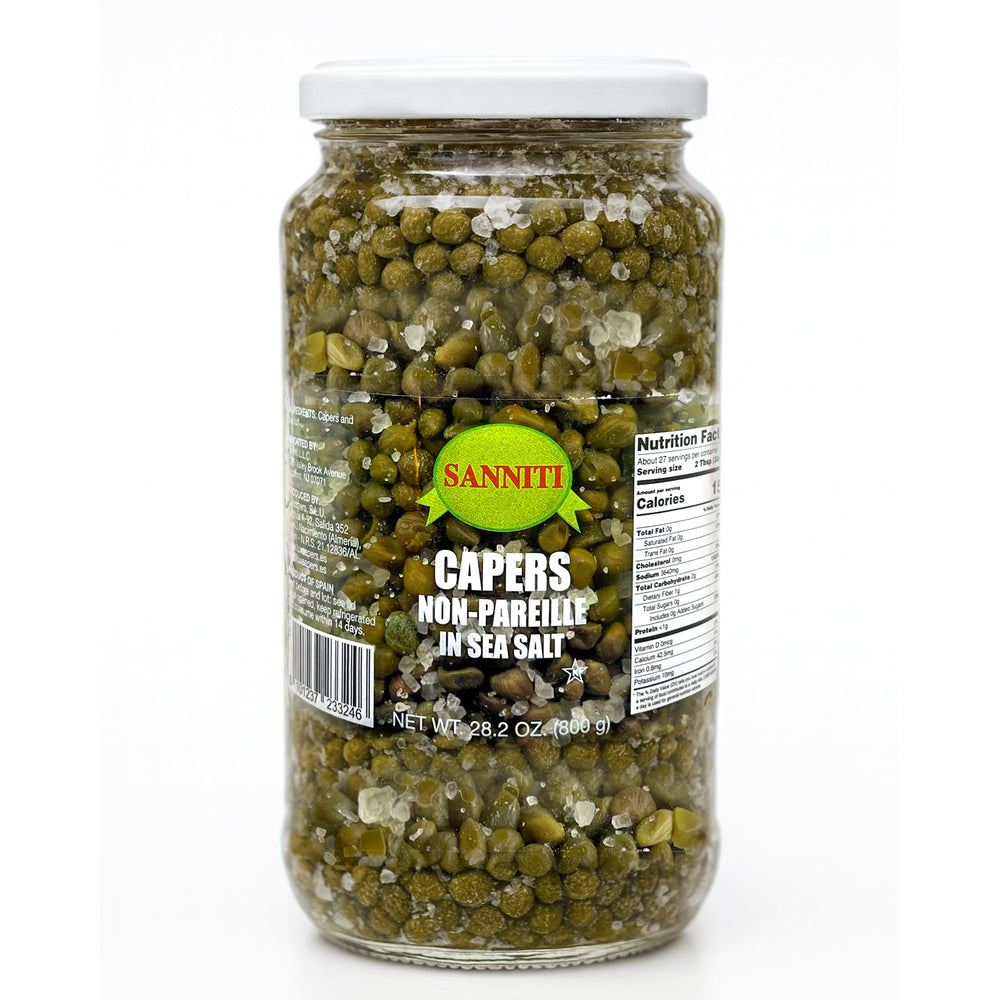 Sanniti Spanish capers non-pareille in sea salt jar elevate sauces and dressings