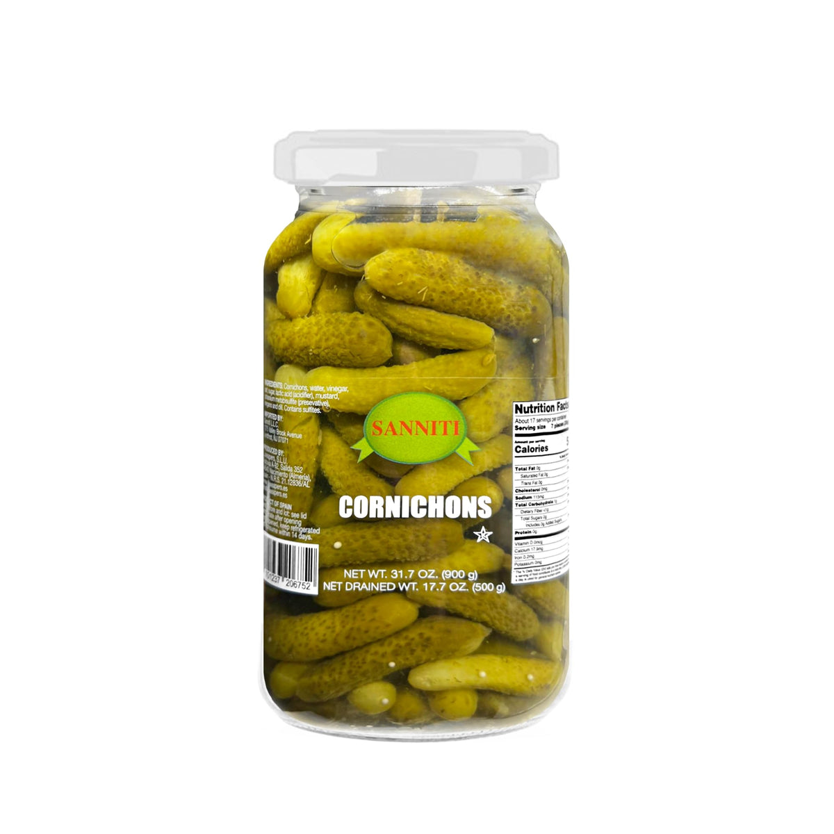 Sanniti Spanish cornichons jar closeup showing crisp, tangy bites ideal for boards