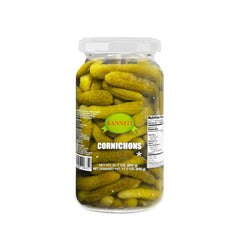 Sanniti Spanish cornichons jar closeup showing crisp, tangy bites ideal for boards