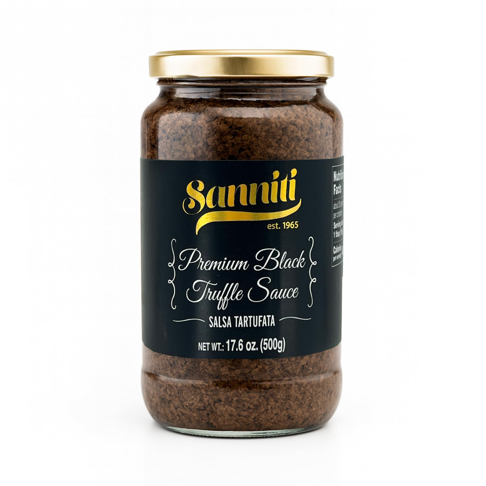 Sanniti Tartufata sauce jar front showing premium truffle flavor for versatile Italian dishes.