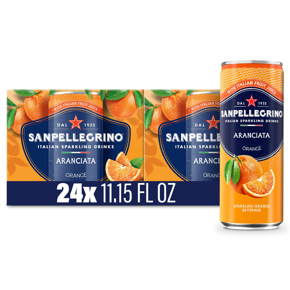 Sanpellegrino Aranciata can with bright orange sparkle, ideal for an afternoon refreshment.