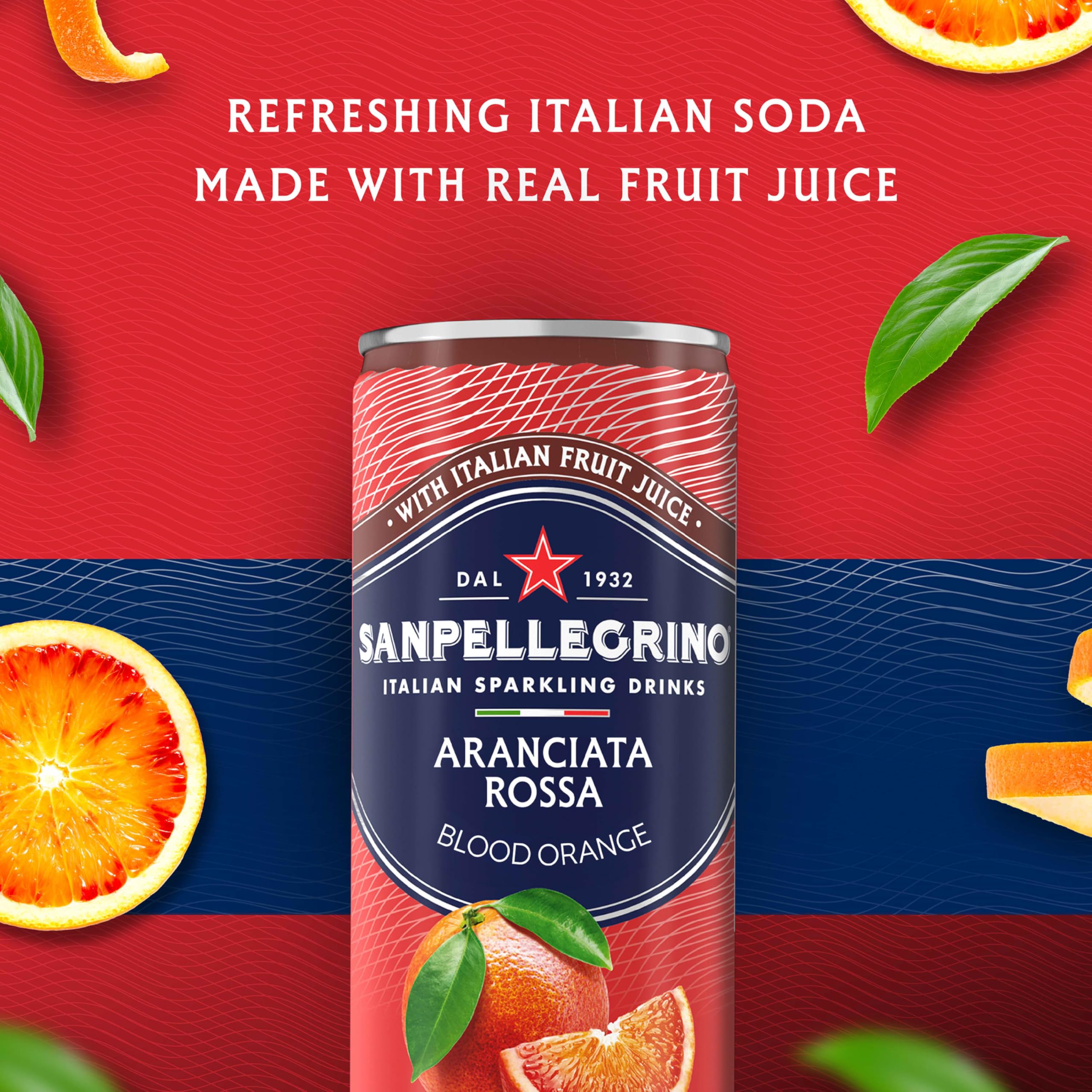 Aranciata Rossa label highlights real orange juice and natural flavors