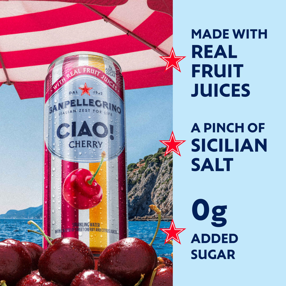Sanpellegrino CIAO Cherry glass with ice, crisp and uplifting