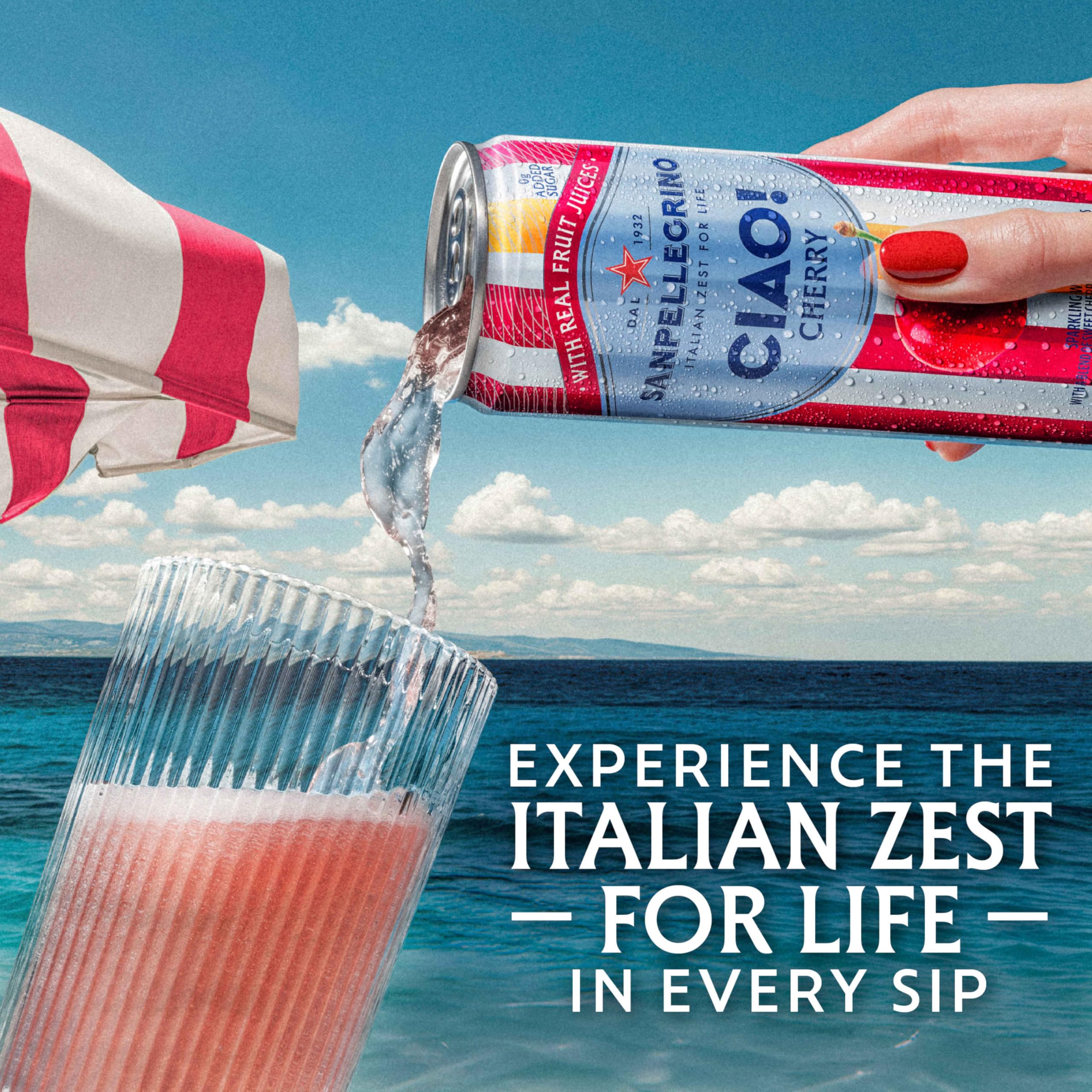 Close-up of Sanpellegrino CIAO Cherry label on the bottle