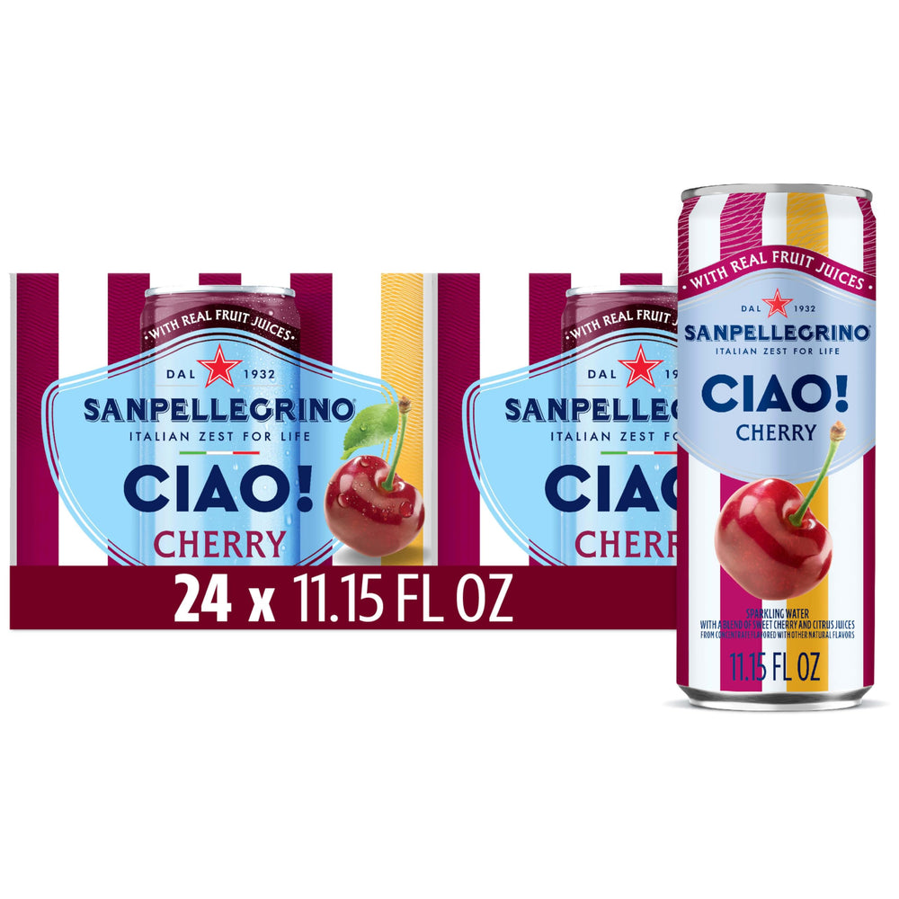 Sanpellegrino CIAO Cherry sparkling water bottle on ice for a refreshing moment