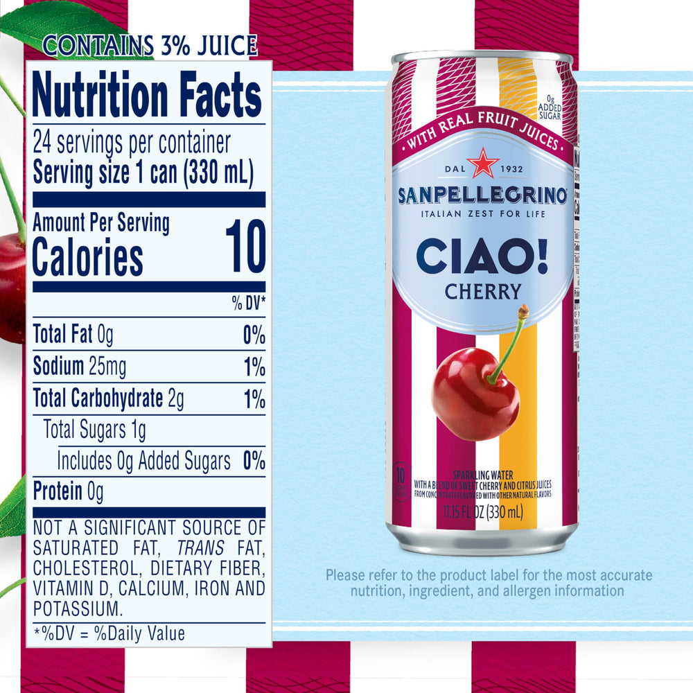 Can of Sanpellegrino CIAO Cherry sparkling water, low-calorie option