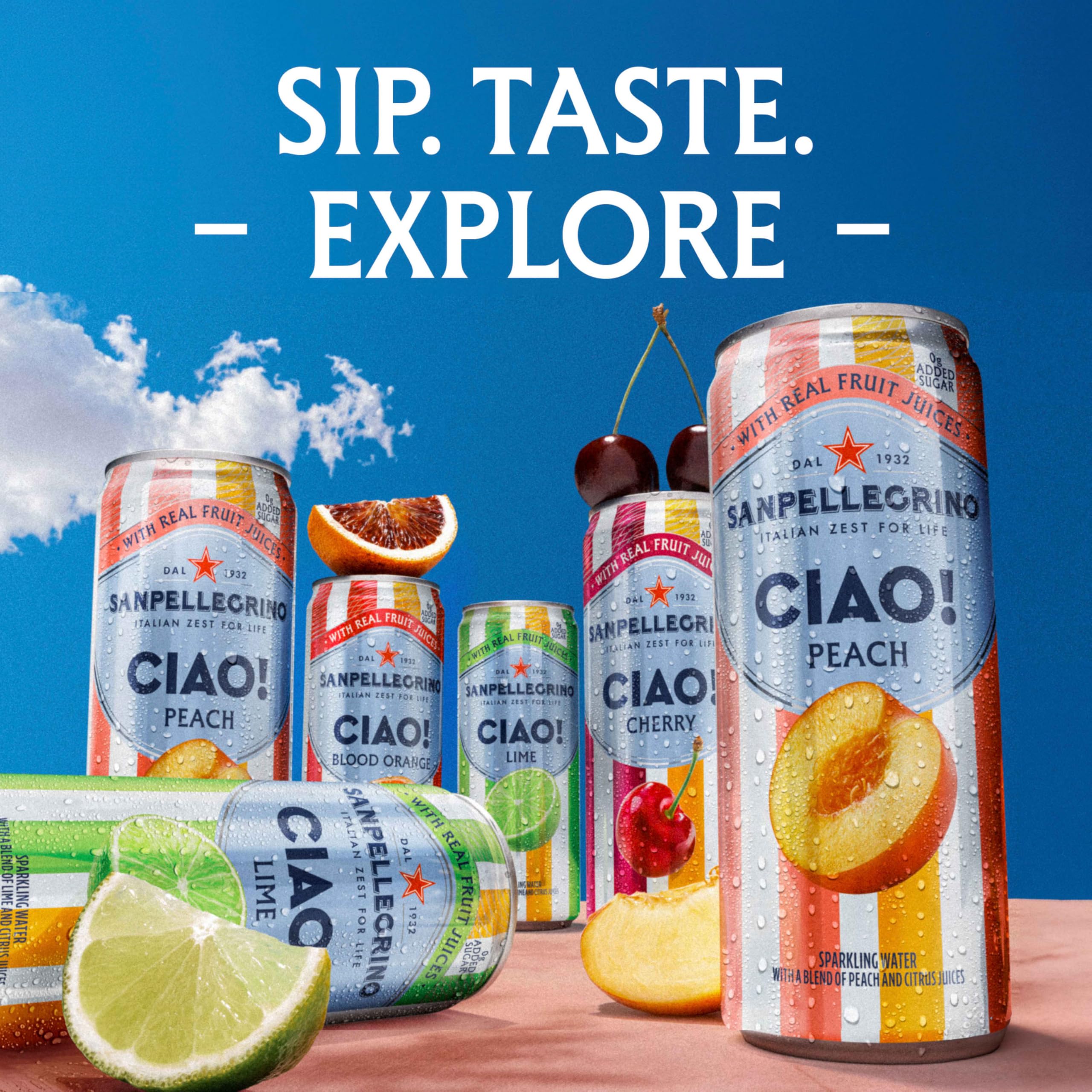 Sanpellegrino CIAO chilled can in glass showcases a refreshing Italian ritual