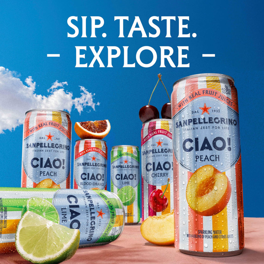 Sanpellegrino CIAO chilled can in glass showcases a refreshing Italian ritual