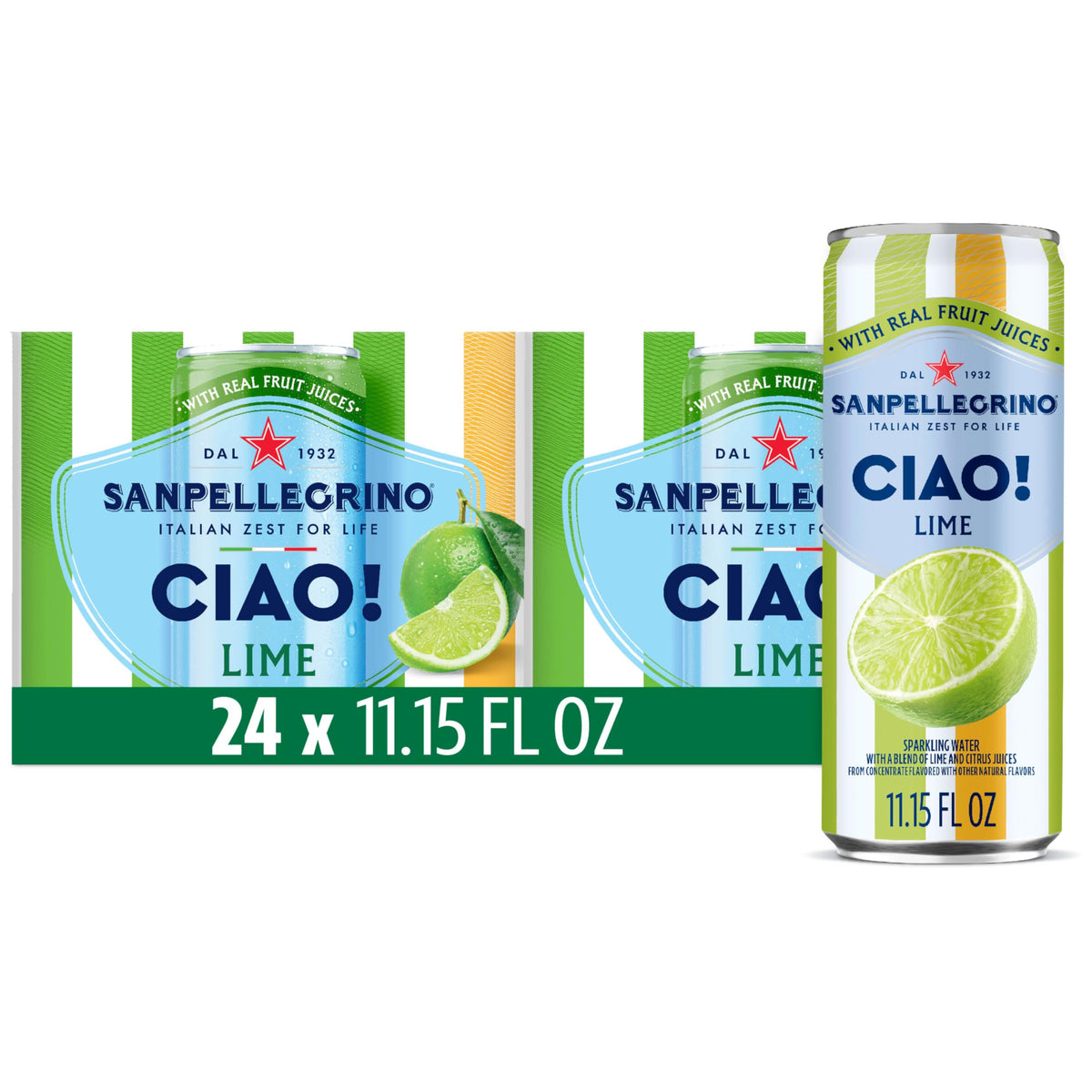 Sanpellegrino CIAO Lime can front view, crisp lime flavor for a refreshing break.