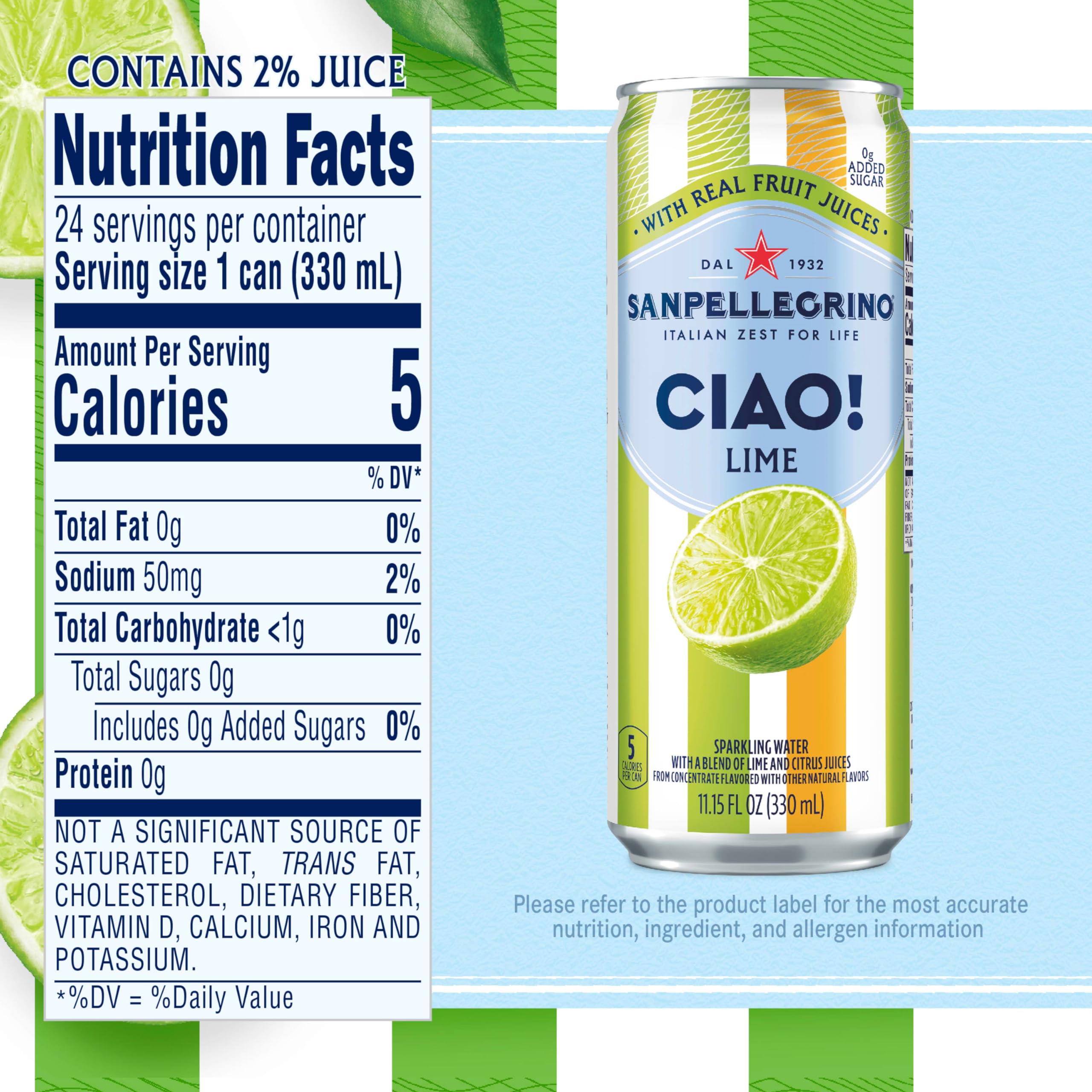 Sanpellegrino CIAO Lime can side view, grab-and-go low-calorie refreshment.