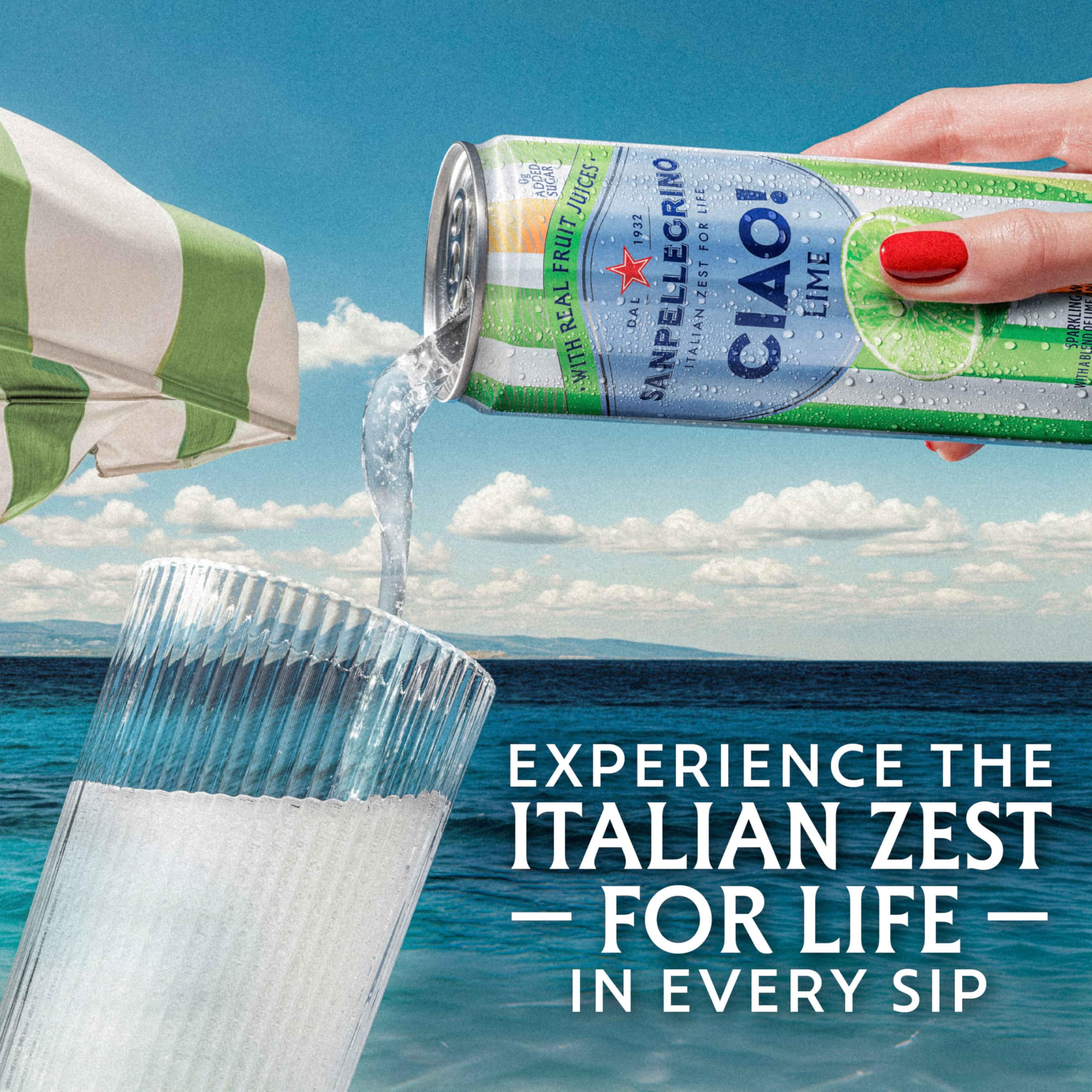 Sanpellegrino CIAO Lime label close-up, authentic Italian beverage with real fruit juice.