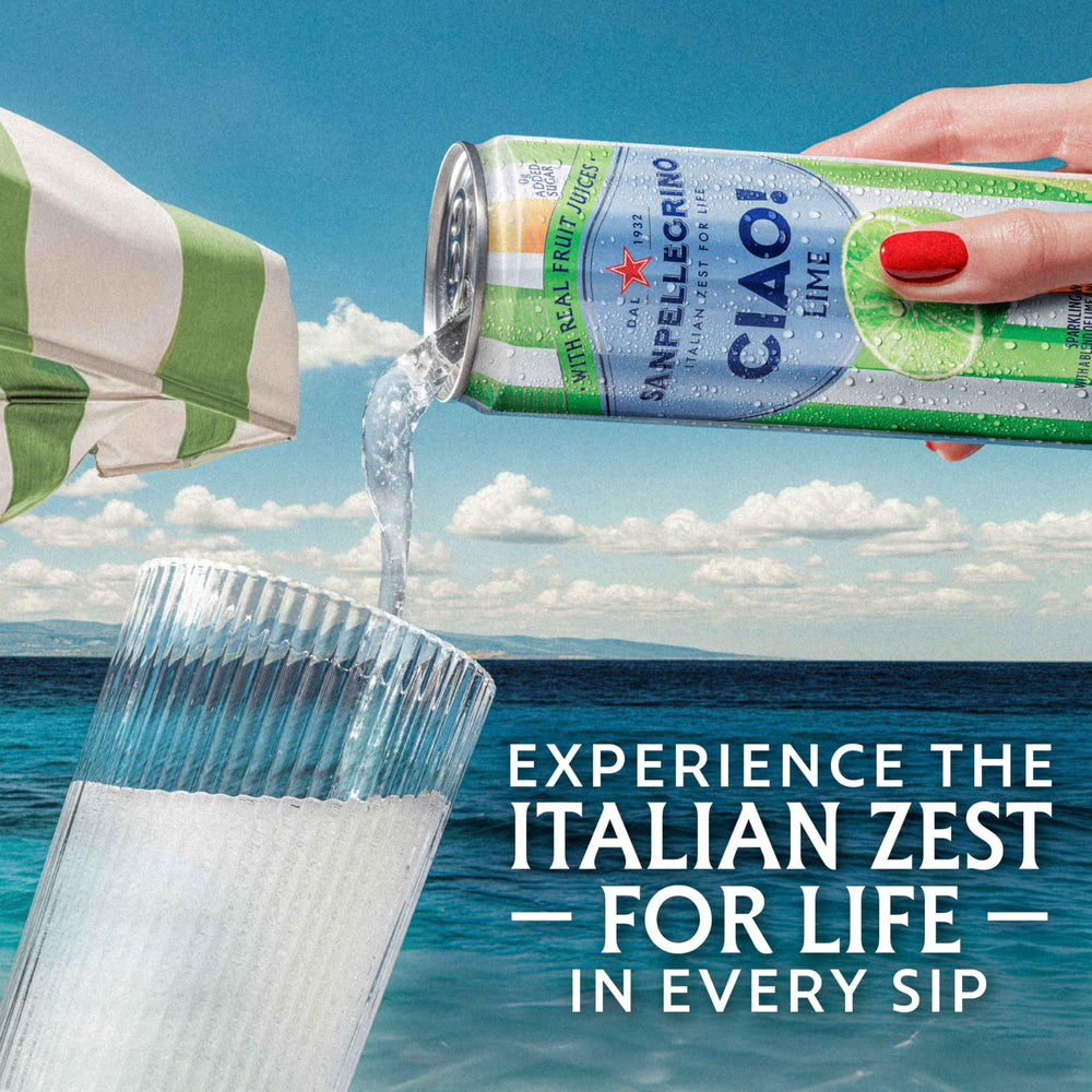 Sanpellegrino CIAO Lime label close-up, authentic Italian beverage with real fruit juice.