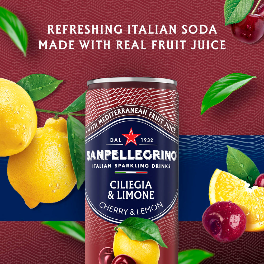 Sanpellegrino Ciliegia Limone glass ready to enjoy a sparkling cherry lemon beverage