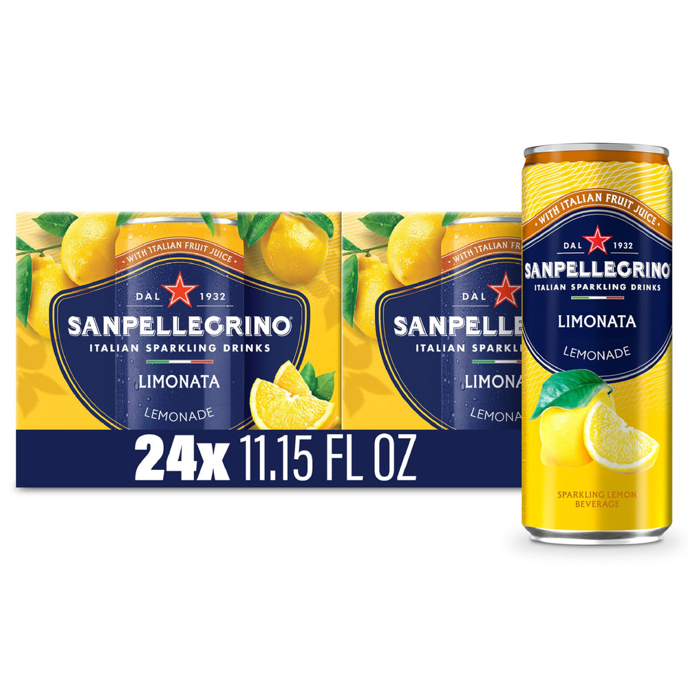Sanpellegrino Limonata cans on shelf offer a refreshing, no-artificial-sweeteners sparkling lemon experience.