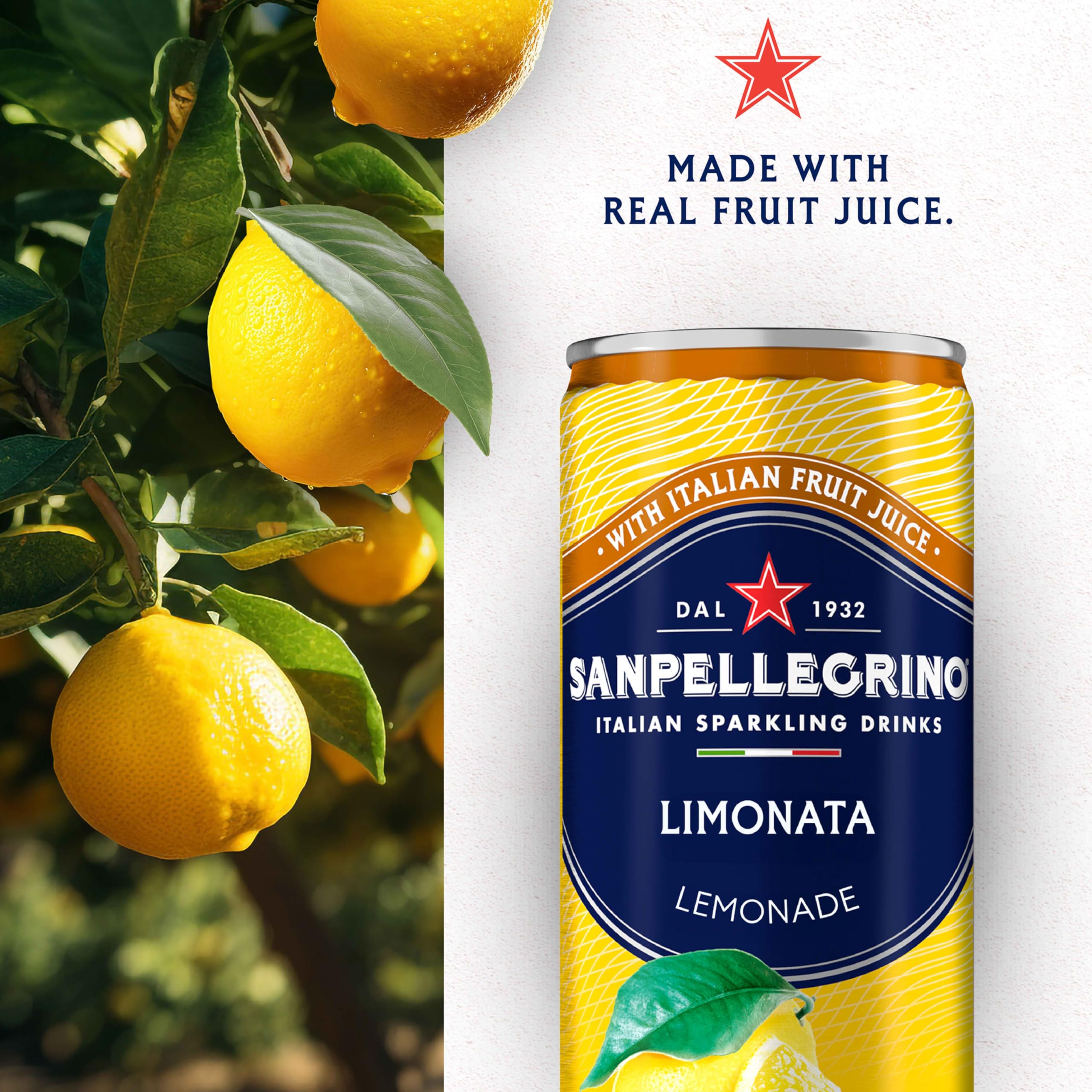 Chilled glass of Sanpellegrino Limonata with ice, crisp lemon notes.