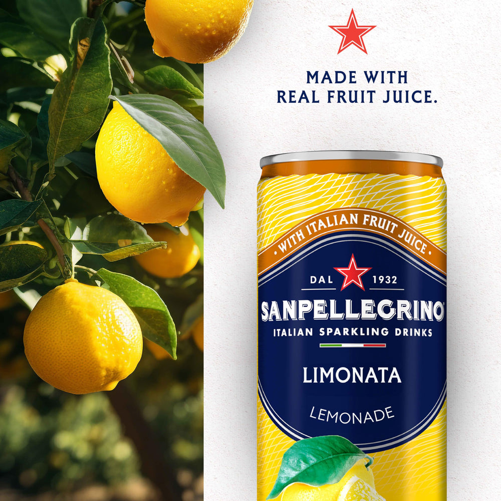 Chilled glass of Sanpellegrino Limonata with ice, crisp lemon notes.